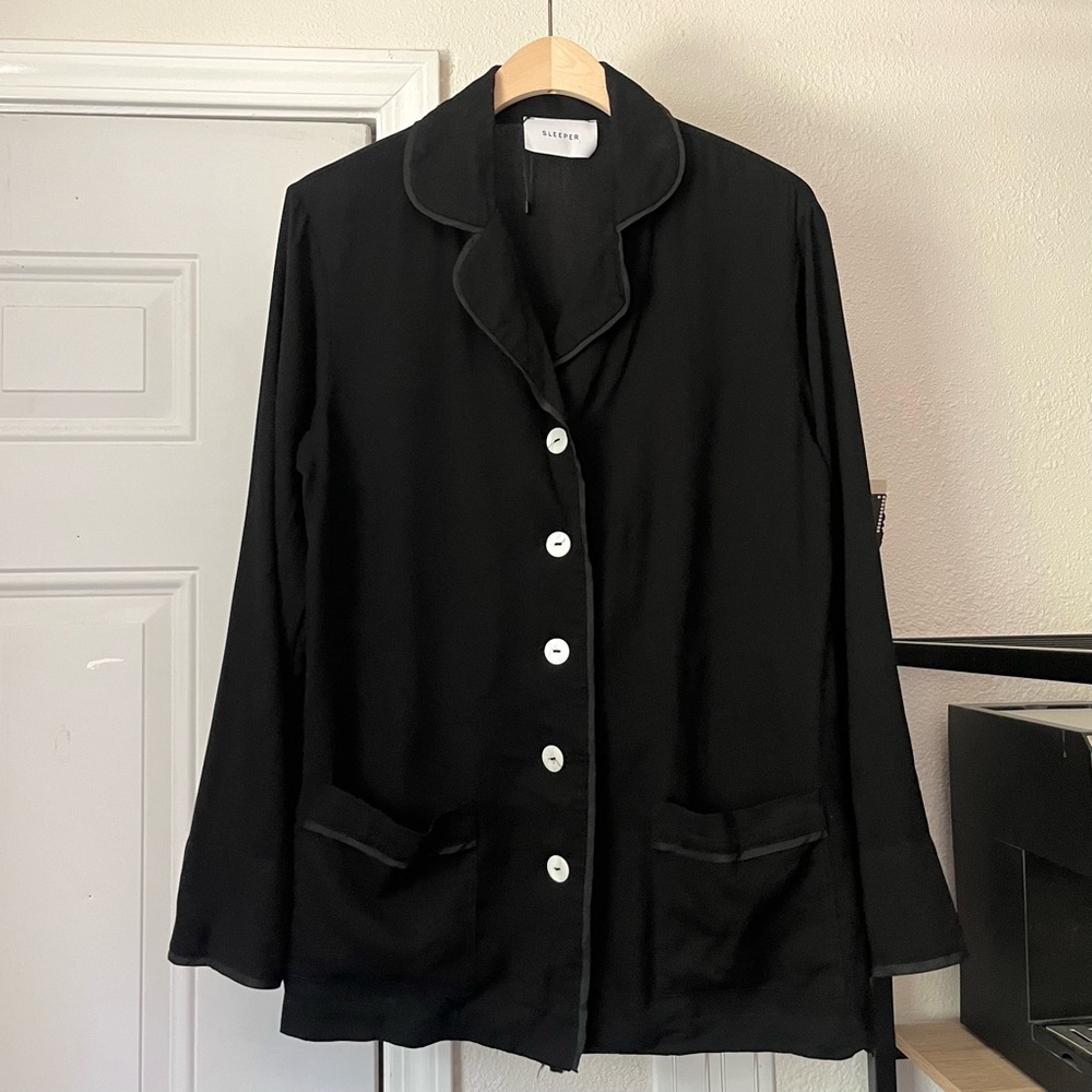 SLEEPER black viscose long sleeve button up soft‎ pajama sleep top shirt